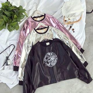 Embroidered Faux Leather Pullover