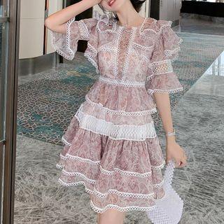 Elbow-sleeve Lace Tiered Dress