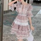 Elbow-sleeve Lace Tiered Dress