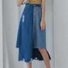 Panelled Distressed Denim Midi A-line Skirt
