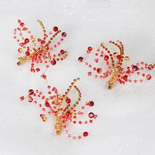Set: Wedding Faux Crystal Hair Clip + Fringed Earring 3 Pc - Hair Clip & 1 Pair - Clip On Earrings - Red - One Size
