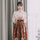 Set: Hanbok Top (floral / Ivory) + Skirt (midi / Pattern)