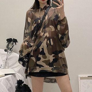 See-through Long Sleeve Pattern Hooded Top