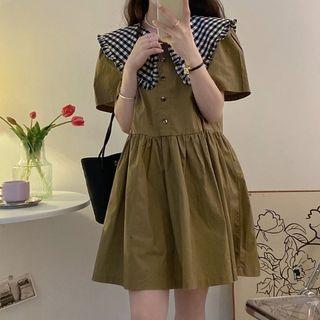 Short-sleeve Collar Mini Smock Dress Army Green - One Size