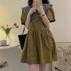 Short-sleeve Collar Mini Smock Dress Army Green - One Size