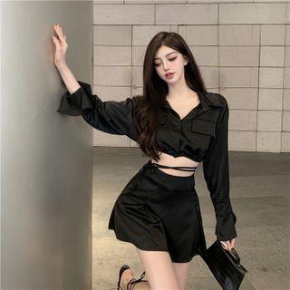 Set - Cropped Bell-sleeve Shirt + Strap Ruffle Skirt