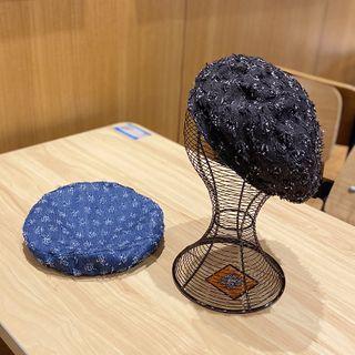 Distressed Denim Beret Hat