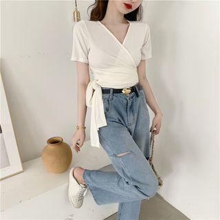 V-neck Wrapped Crop Top / Wide-leg Jeans