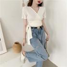 V-neck Wrapped Crop Top / Wide-leg Jeans