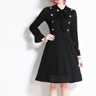 Flared-cuff Tie-neck A-line Lace Dress