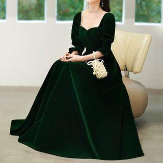 Puff-sleeve Faux Pearl Sheath Evening Gown / Midi A-line Dress
