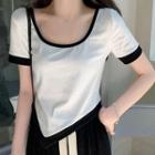 Color-block U-neck Asymmetric T-shirt