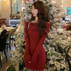 Long-sleeve Off-shoulder Mini Knit Bodycon Dress Red - One Size