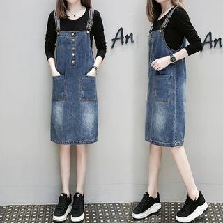 Set: Long-sleeve T-shirt + Denim Pinafore Dress
