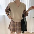Long-sleeve Plaid Mini A-line Dress / Knit Vest