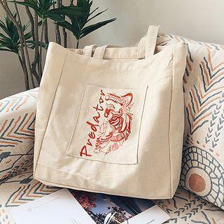 Tiger Embroidered Canvas Tote Bag Beige - One Size