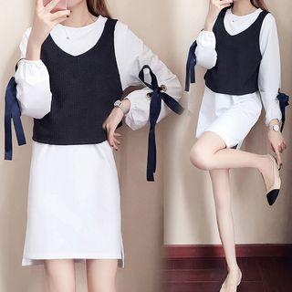 Set: Cropped Vest + Long-sleeve Mini Dress