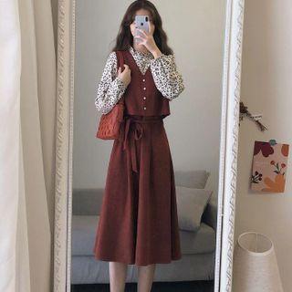 Set: Long-sleeve Floral Print Panel Midi A-line Dress + Button-up Vest