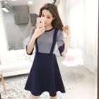 Elbow-sleeve Two-tone A-line Knit Dress