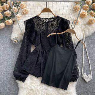 Set: Lace Blouse + Camisole Top Set Of 2 - Blouse & Camisole Top - Black - One Size