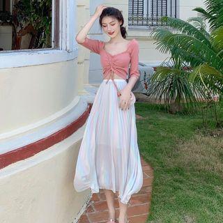 Boatneck Drawstring Crop Top / Pleated Midi Skirt