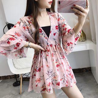Flower Print V-neck Flared-sleeve Chiffon Blouse