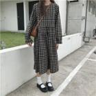 Long-sleeve Plaid Midi A-line Dress As Shown In Figure - One Size