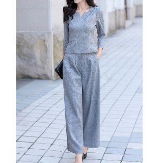 Set: Notched-neck Plain Top + Plain Pants