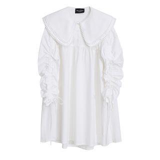 Long-sleeve Drawstring Lace Trim Collared Dress