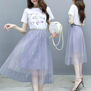 Set: Short-sleeve Embroidered T-shirt + Midi Mesh Gradient Skirt