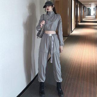 Striped Half-zip Windbreaker / Cropped Harem Pants / Set