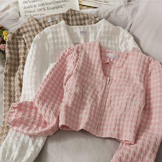 Embossed Houndstooth Zipper Crop Top