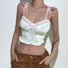 Tie-strap Floral Print Lace-trim Ruffled-hem Crop Camisole Top