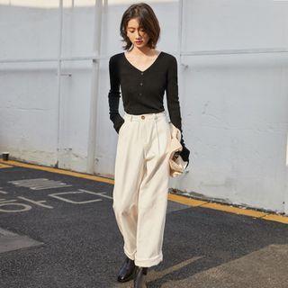 Ribbed Knit Top / Straight-cut Pants / Set