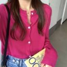 Long-sleeve Round-neck Plain Cardigan