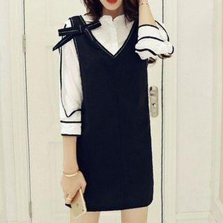Set : Piped Elbow-sleeve Top + Sleeveless Dress