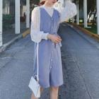 Mock Neck Lace Blouse / Sleeveless Button-front Knit Dress
