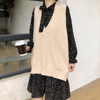 Dotted Long-sleeve Midi Dress / Knit Vest