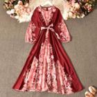 Print Tie-waist Maxi A-line Dress Red - One Size