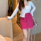 Long-sleeve Button-up Knit Top / Mini A-line Denim Skirt