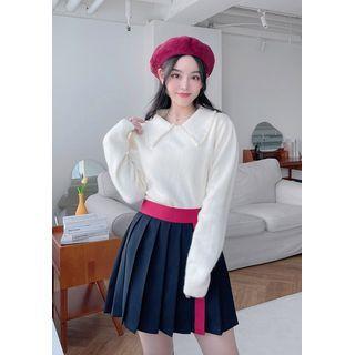 Pointy-collar Faux-pearl Trim Sweater