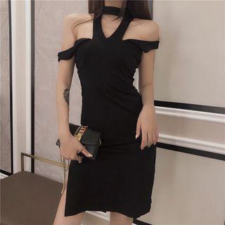 Sleeveless Choker Neck Slit Mini Bodycon Dress