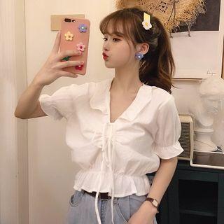 Short-sleeve Drawstring Peplum Blouse White - One Size