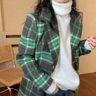 Plaid Double-breasted Blazer Plaid - Green - One Size