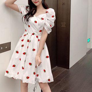 Strawberry Embroidered Puff-sleeve A-line Dress