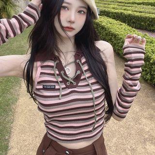 Collar Striped Cropped Halter Top / Arm Sleeves / Mini Pencil Skirt / Set