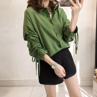 Long-sleeve Ruched Plain Shirt