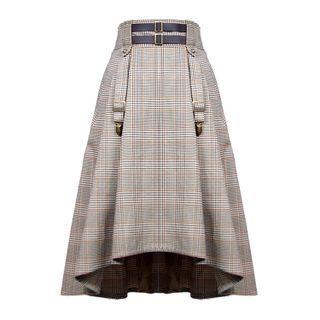 Asymmetrical Buckled Plaid Midi A-line Skirt Houndstooth - Light Coffee - One Size
