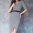 Striped Elbow Sleeve V-neck Sheath Dress