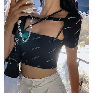 Set: Short-sleeve Lettering Print Shrug + Cropped Camisole Top